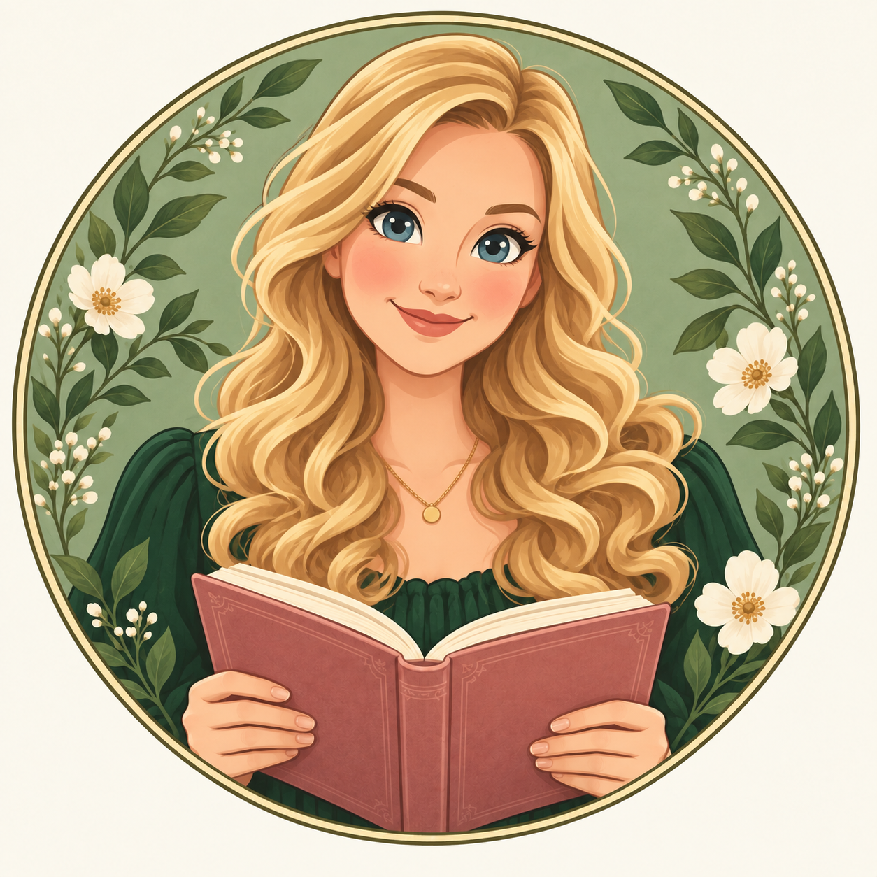 Cartoon author persona with blonde curls holding an open book, framed by cream flowers and green leaves
